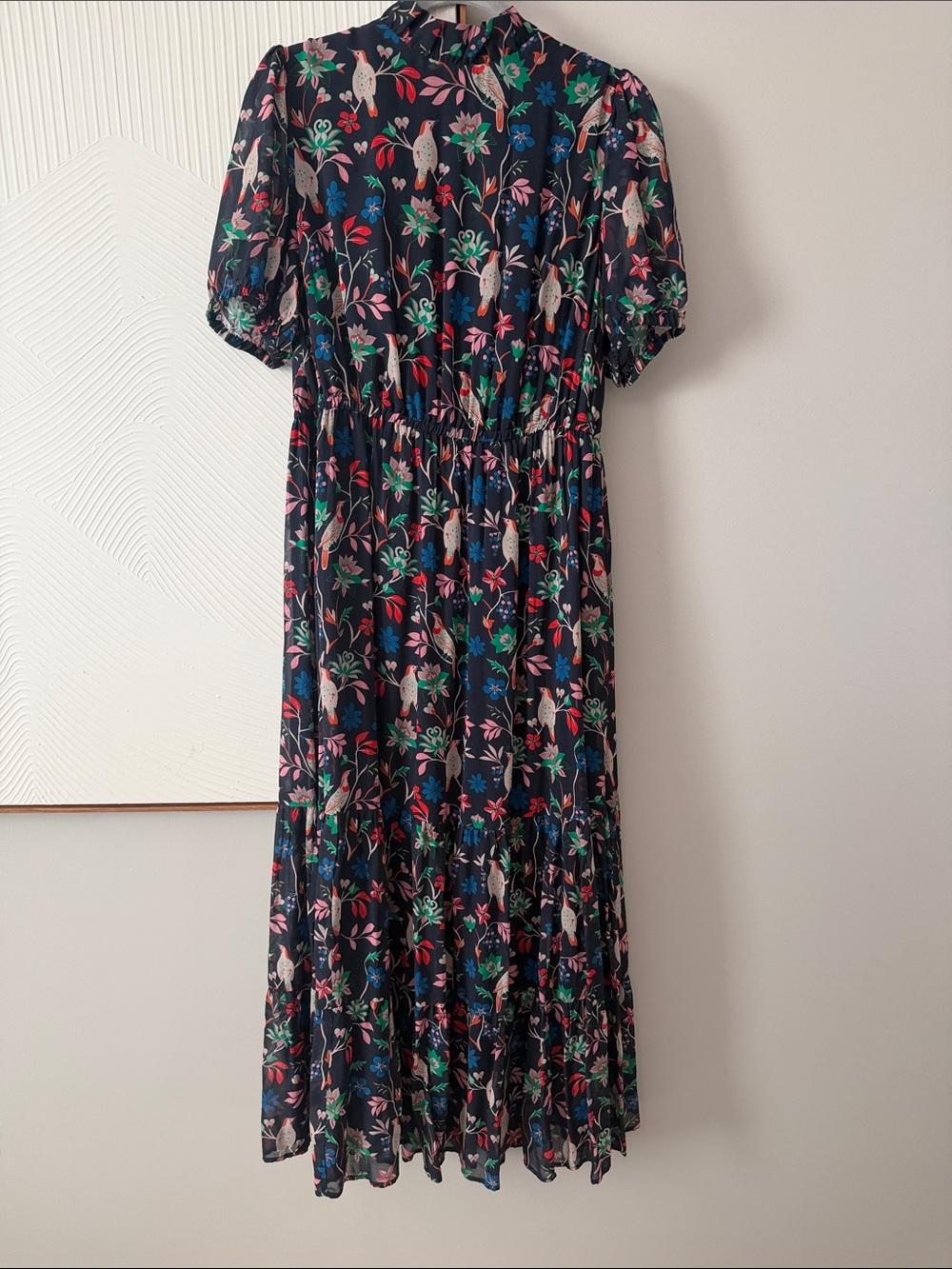 Boden Puff sleeve tiered dress in Navy berry bird pattern sz 10R